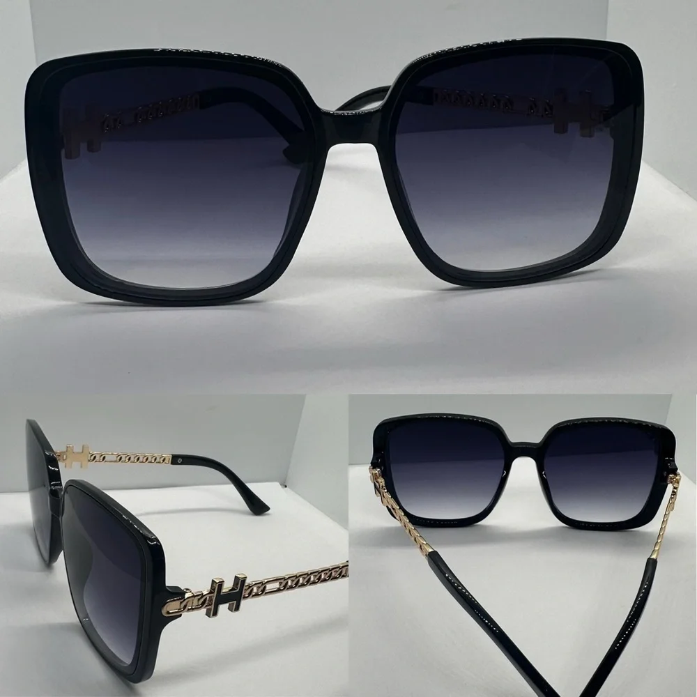 ✨🖤Chic Black Oversized Square Sunglasses w/ Gold Chain Detail | UV Protection✨